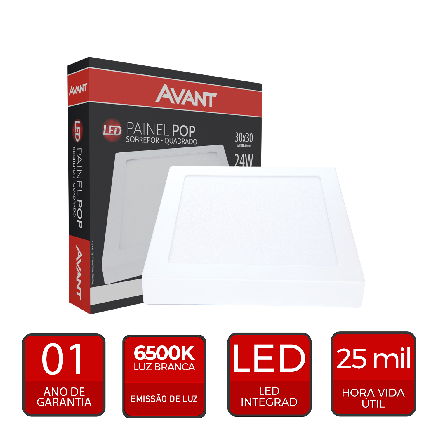 Painel Plafon Alumínio Sobrepor 24W 6500k Branco Frio 30cm Bivolt Quadrado Avant