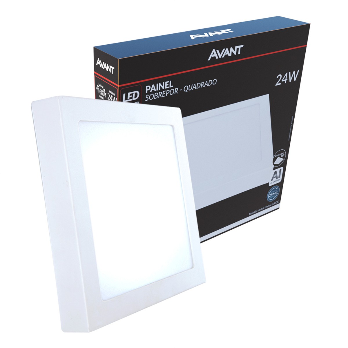 Painel Plafon Alumínio Sobrepor 24W 6500k Branco Frio 30cm Bivolt Quadrado Avant
