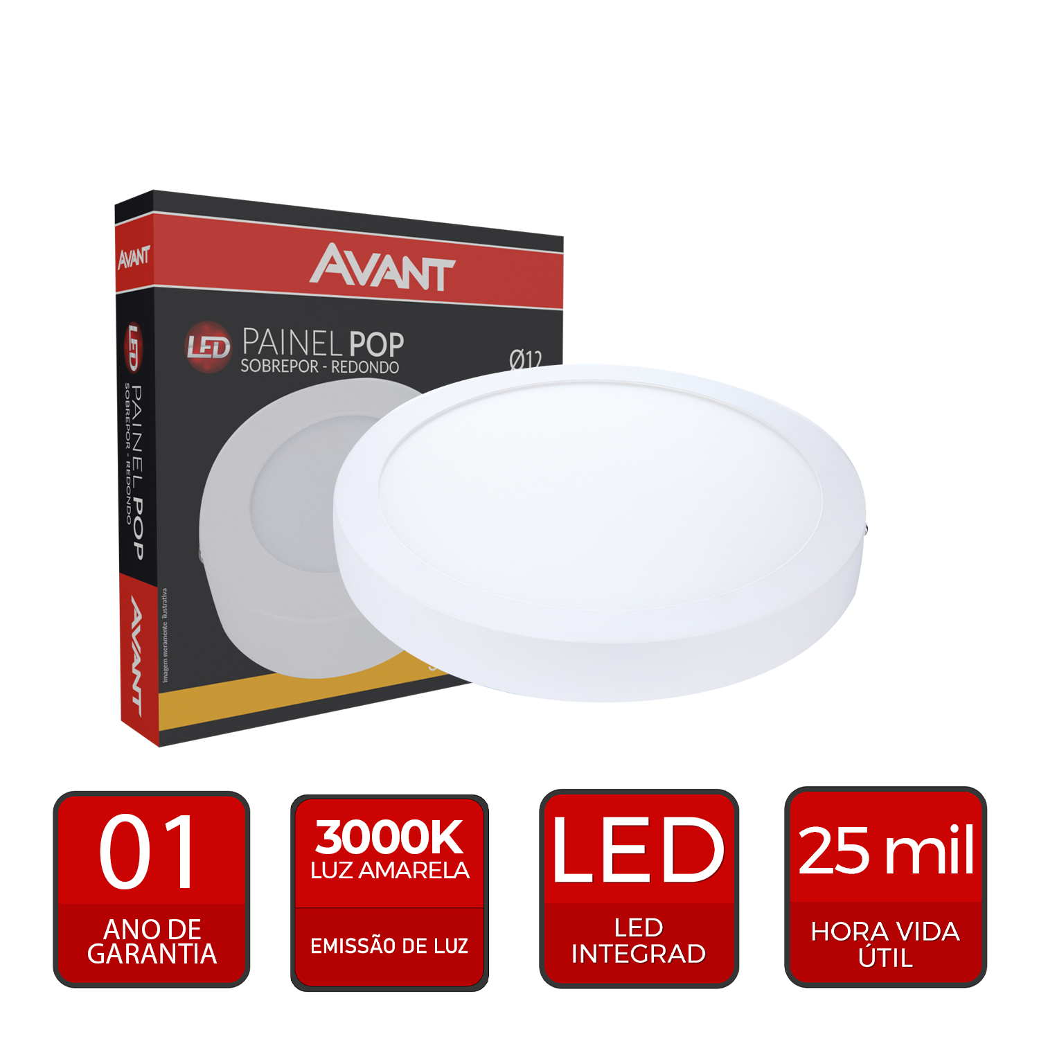 Painel Alumínio Sobrepor 6W 3000k Branco Quente 12cm Bivolt Redondo Avant