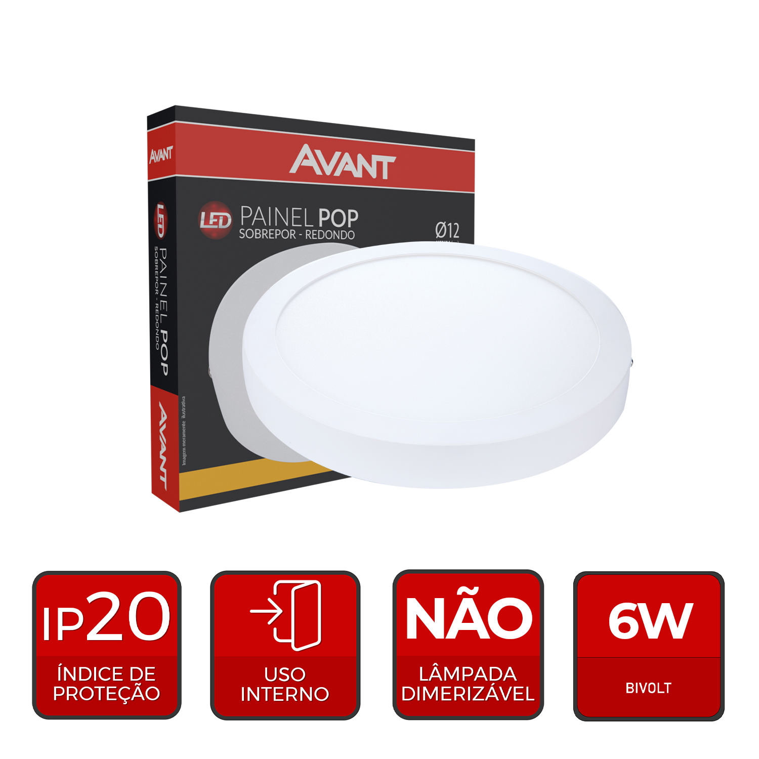 Painel Alumínio Sobrepor 6W 3000k Branco Quente 12cm Bivolt Redondo Avant