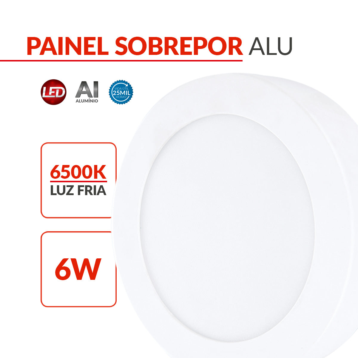 Painel Alumínio Sobrepor 6W 6500k Branco Frio 12cm Bivolt Redondo Avant