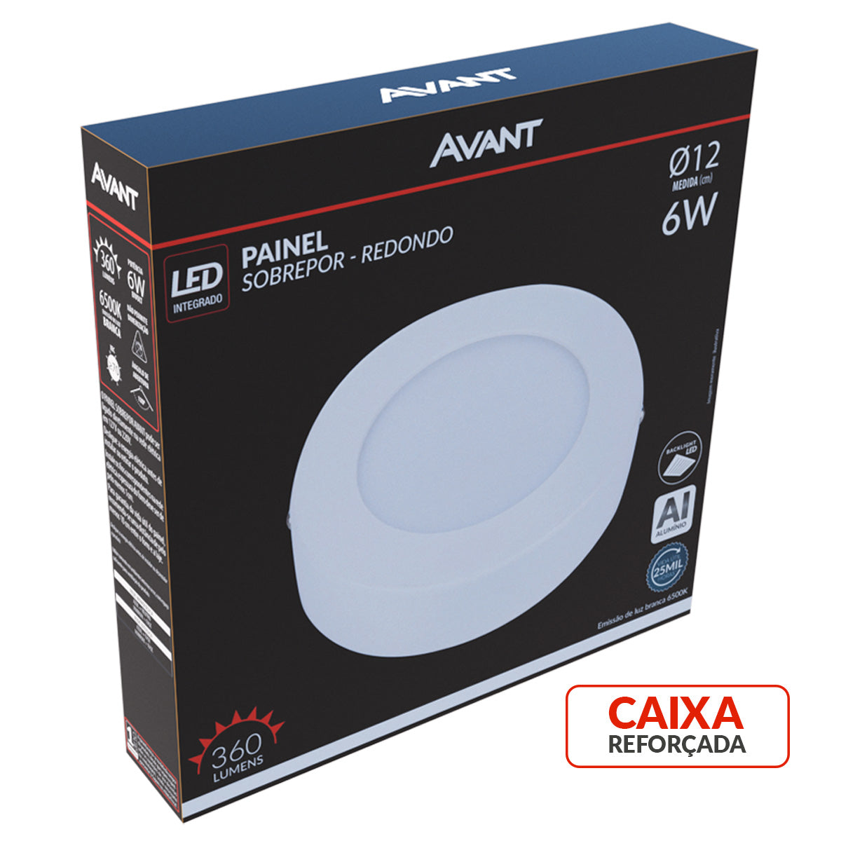 Painel Alumínio Sobrepor 6W 6500k Branco Frio 12cm Bivolt Redondo Avant
