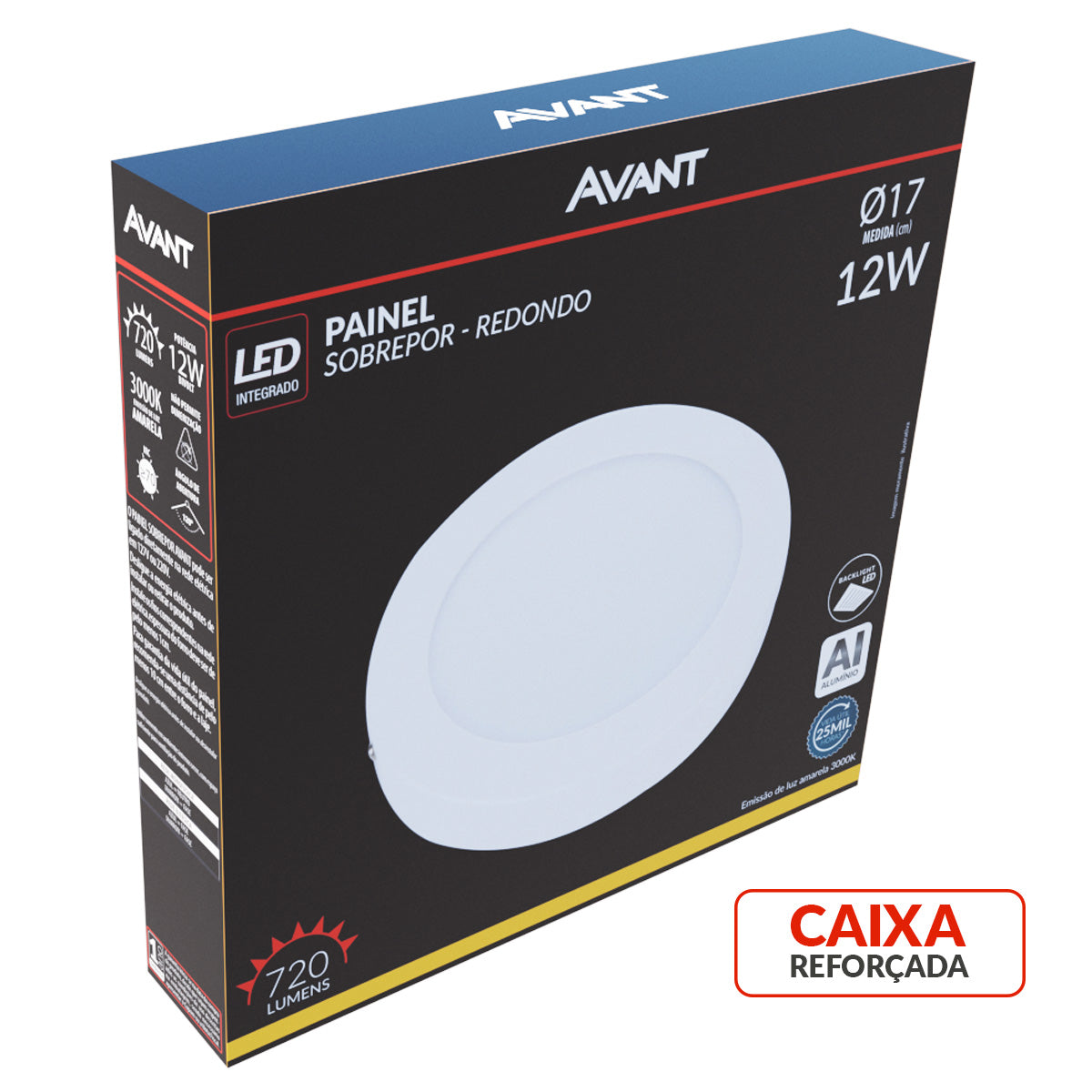 Painel Alumínio Sobrepor 12W 3000k Branco Quente 17cm Bivolt Redondo Avant