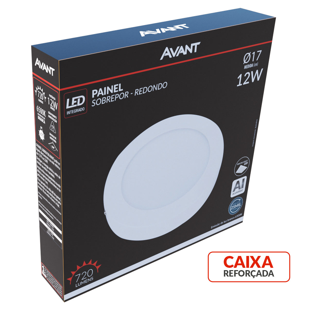 Painel Alumínio Sobrepor 12W 6500k Branco Frio 17cm Bivolt Redondo Avant