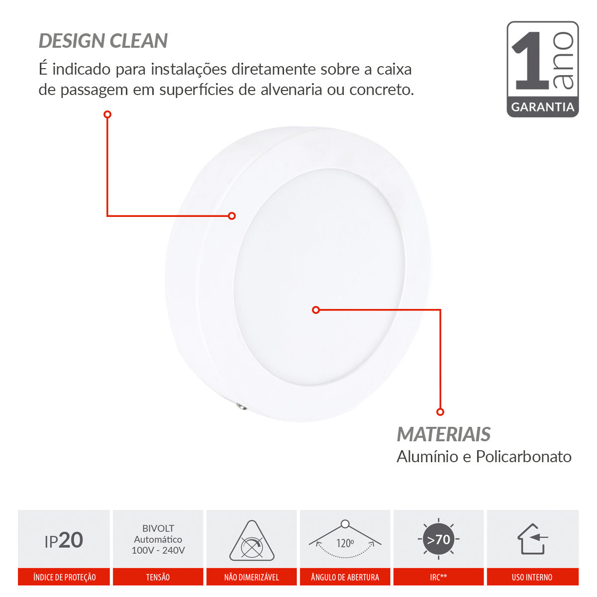 Painel Alumínio Sobrepor 12W 6500k Branco Frio 17cm Bivolt Redondo Avant