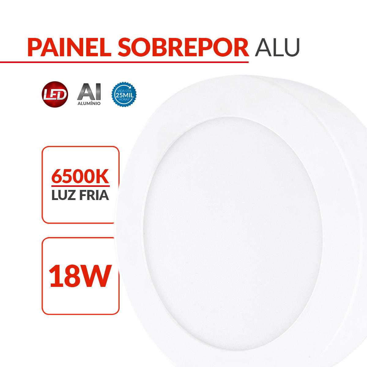 Painel Alumínio Sobrepor 18W 6500k Branco Frio 22cm Bivolt Redondo Avant