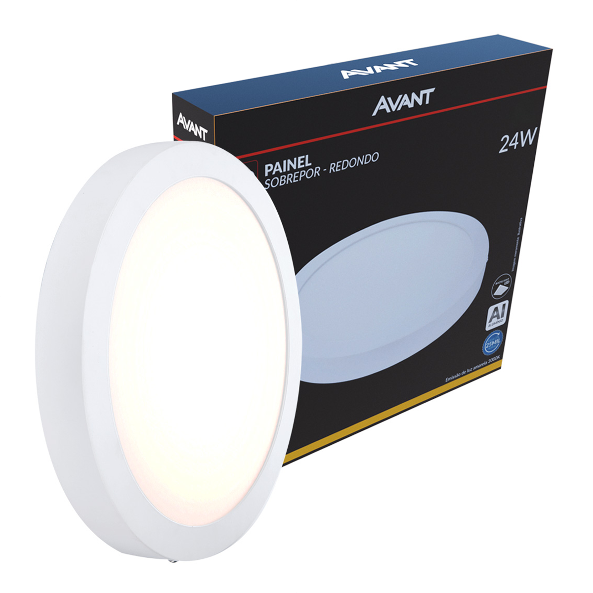 Painel Alumínio Sobrepor 24W 3000k Branco Quente 29cm Bivolt Redondo Avant