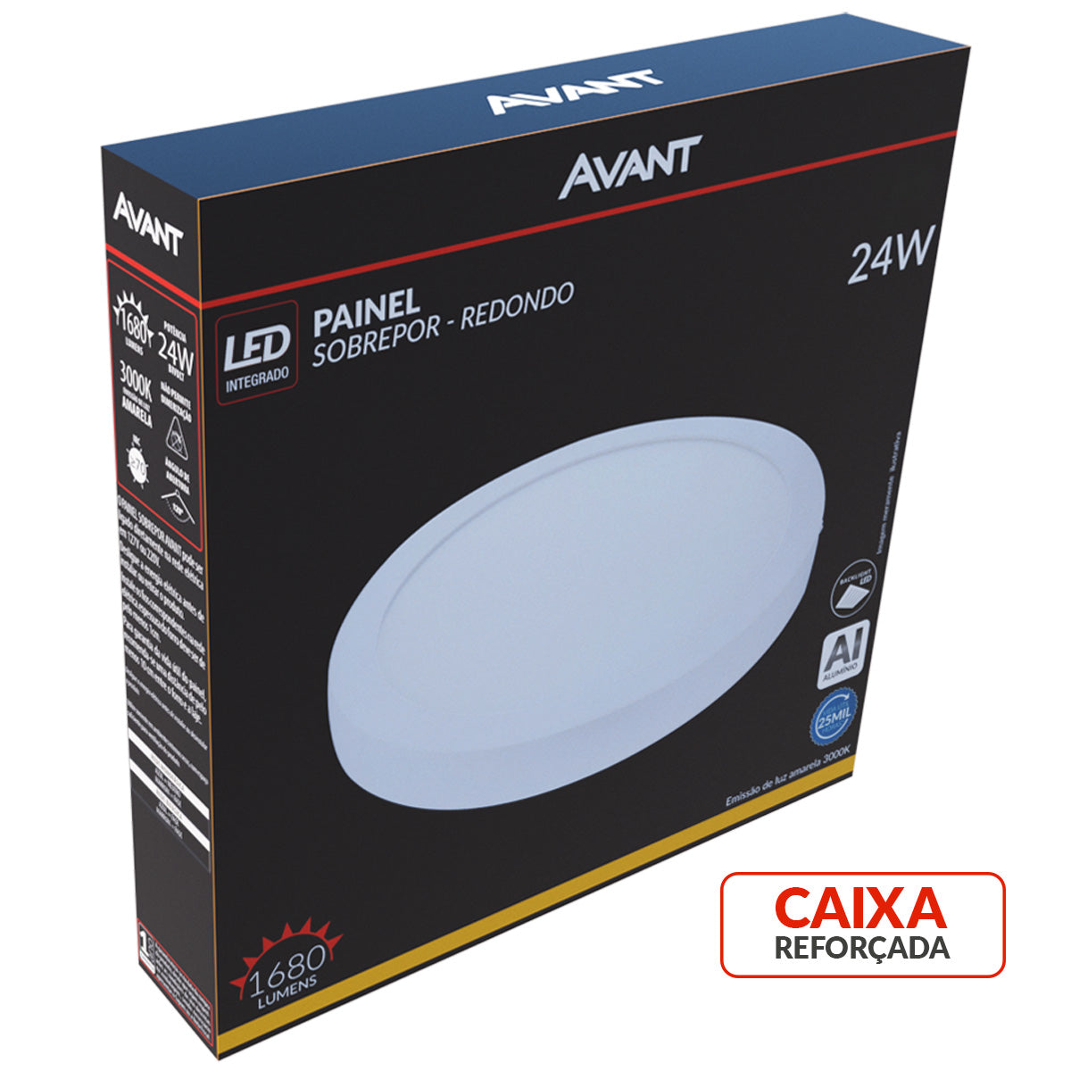 Painel Alumínio Sobrepor 24W 3000k Branco Quente 29cm Bivolt Redondo Avant