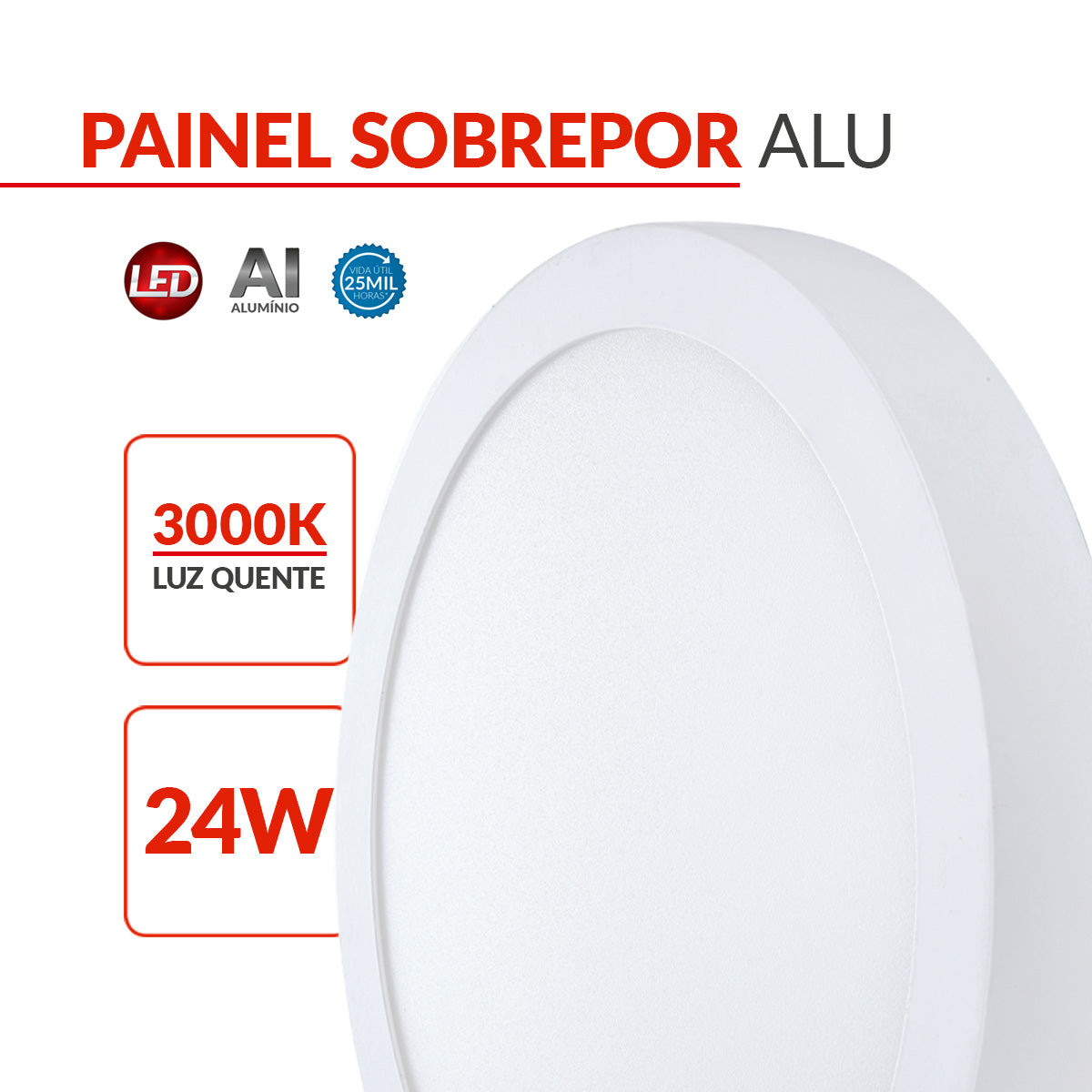 Painel Alumínio Sobrepor 24W 3000k Branco Quente 29cm Bivolt Redondo Avant