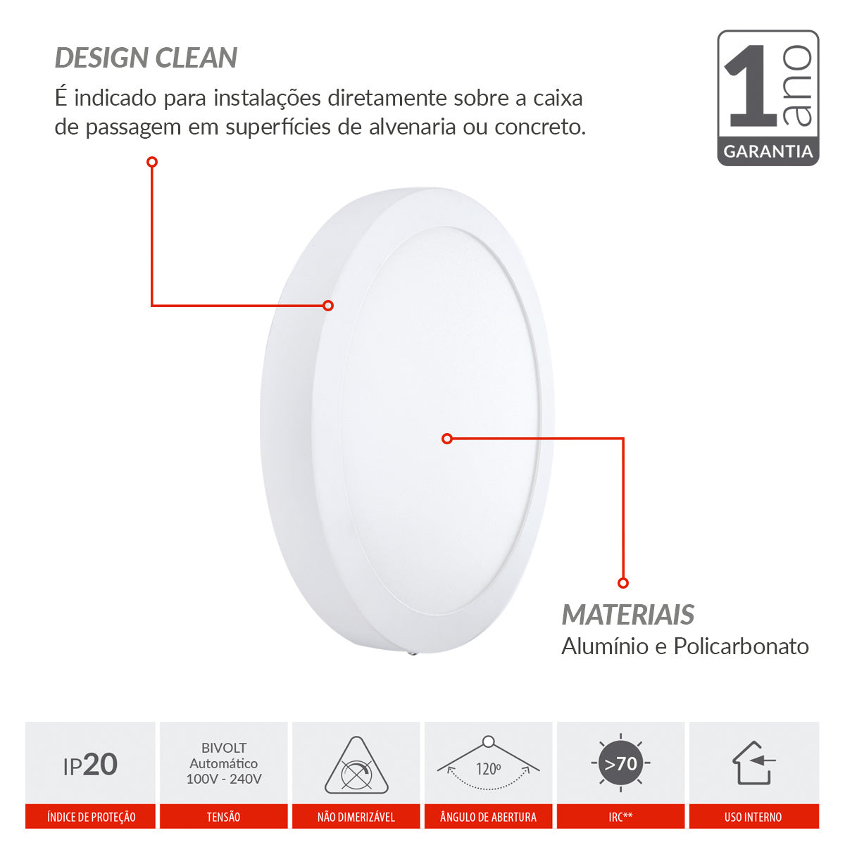 Painel Alumínio Sobrepor 24W 3000k Branco Quente 29cm Bivolt Redondo Avant