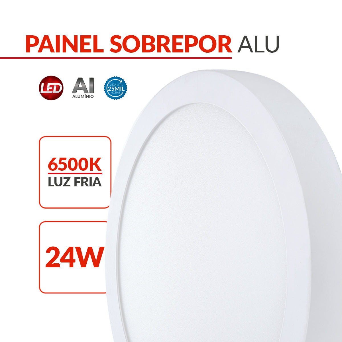 Painel Alumínio Sobrepor 24W 6500k Branco Frio 29cm Bivolt Redondo Avant
