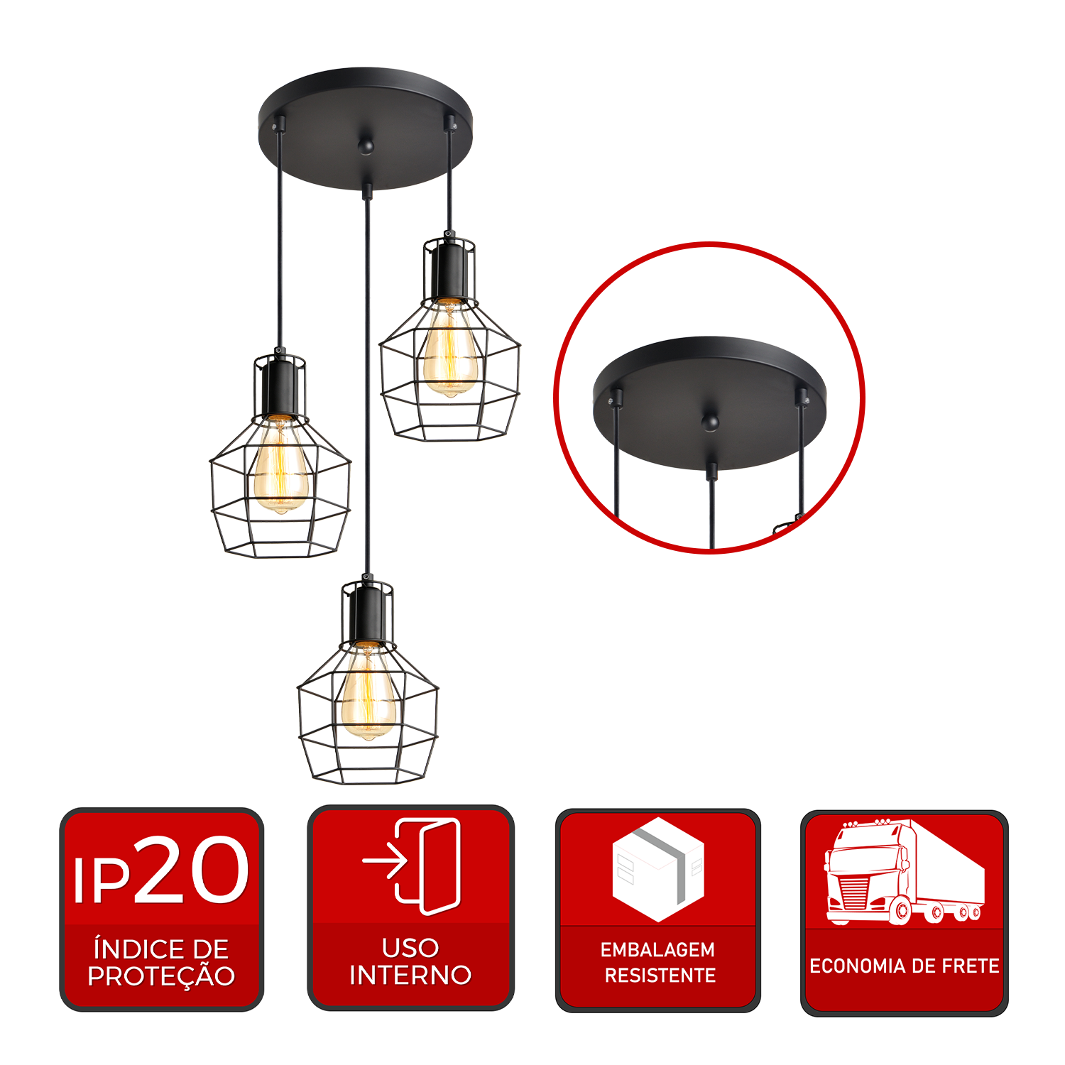 Pendente Led Adhara 3xE27 Preto Em Aço Avant