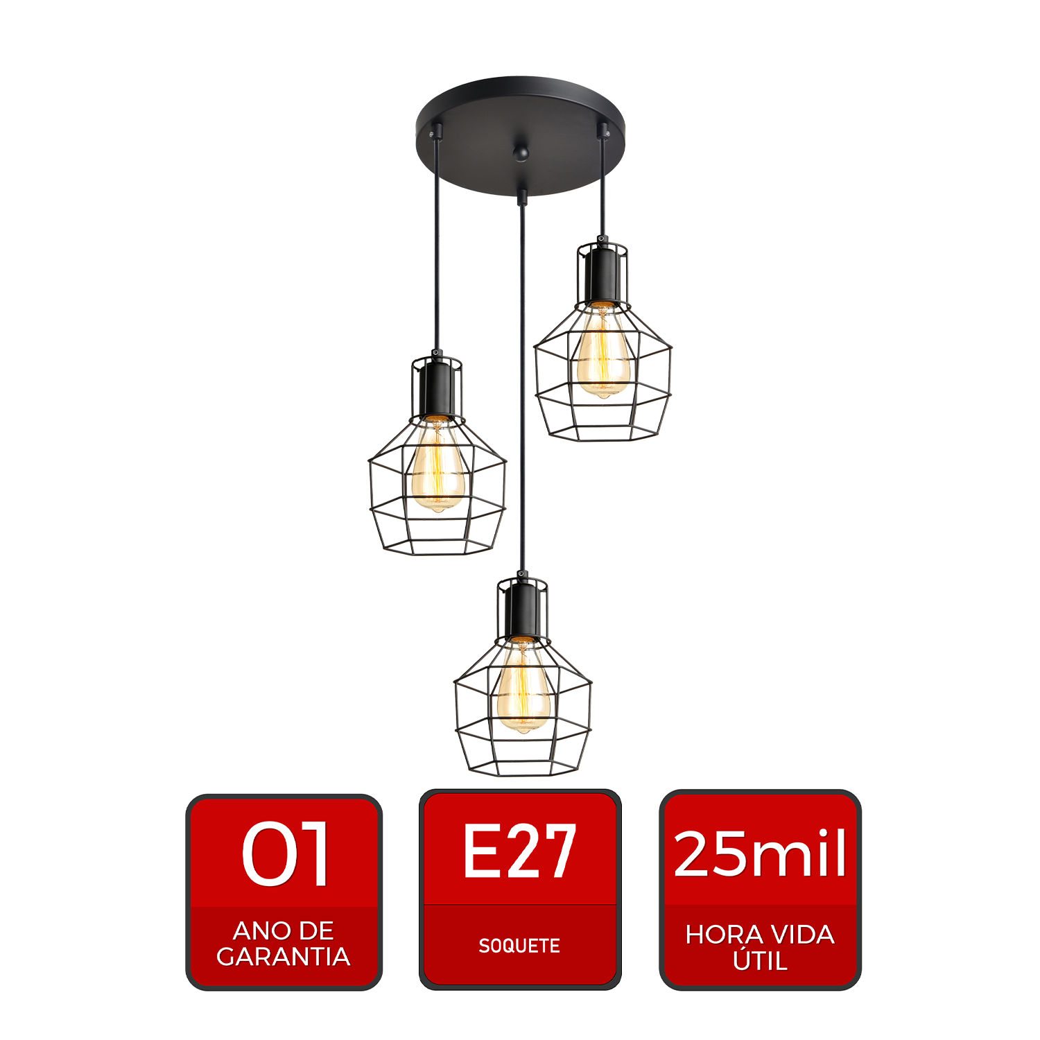 Pendente Led Adhara 3xE27 Preto Em Aço Avant