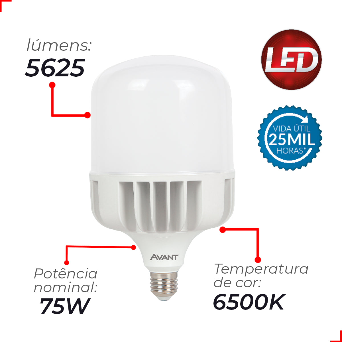 Lampada Led Bulbo Hp 75w 6500k Branco Frio E27 Bivolt Branco Avant