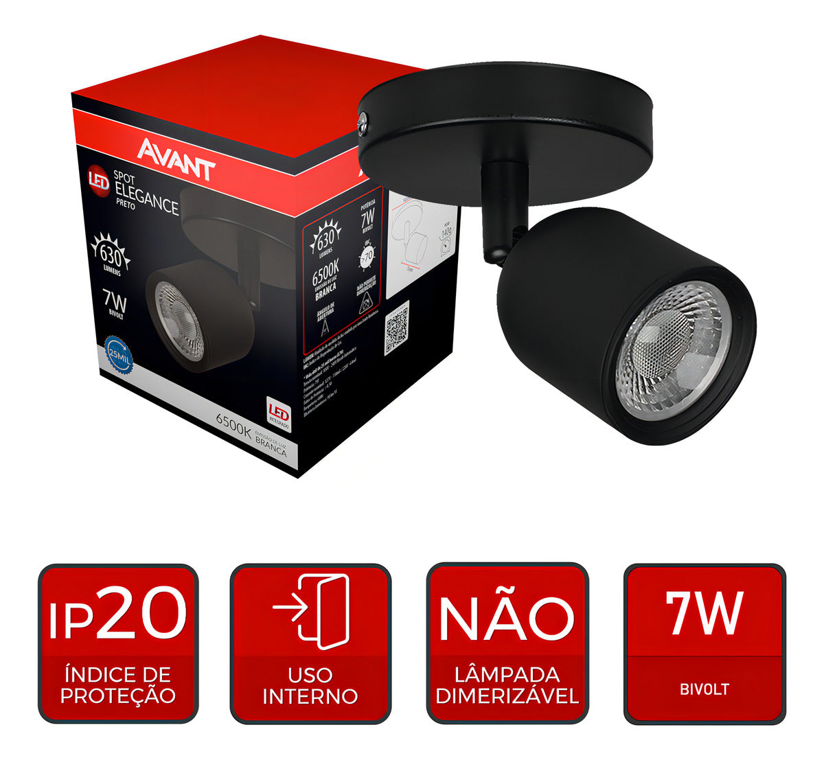 Spot Elegance Sobrepor 7W 6500k Branco Frio 110/220v Bivolt Preto Avant
