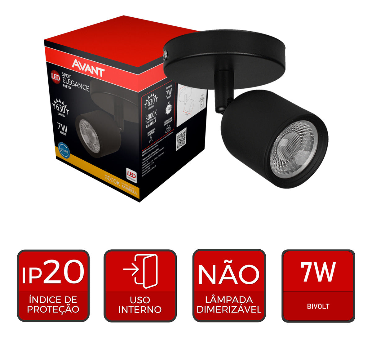 Spot Elegance Sobrepor 7W 3000k Branco Quente 110/220v Bivolt Preto Avant