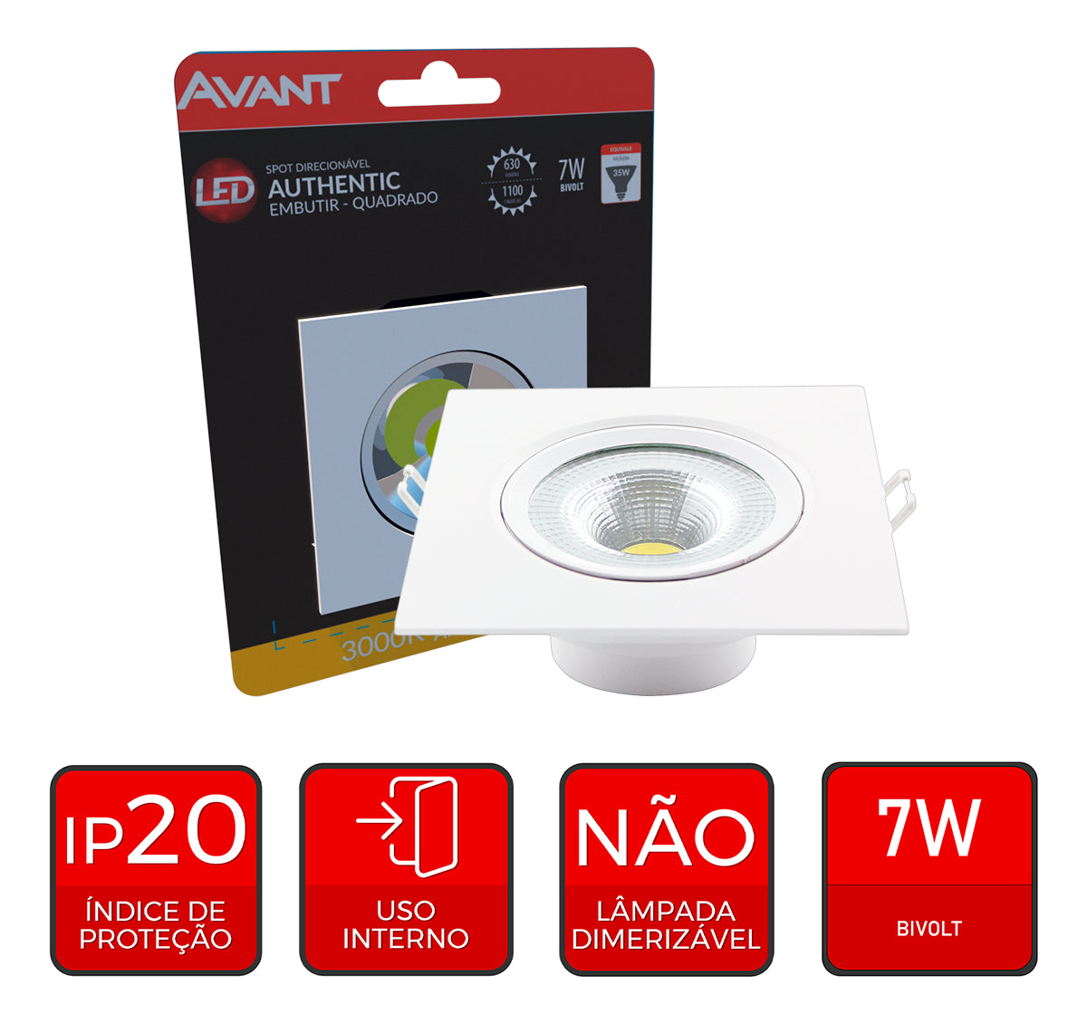 Spot Led Authentic Embutir 7w 3000k Branco Quente 11,8cm Bivolt Quadrado Branco Avant