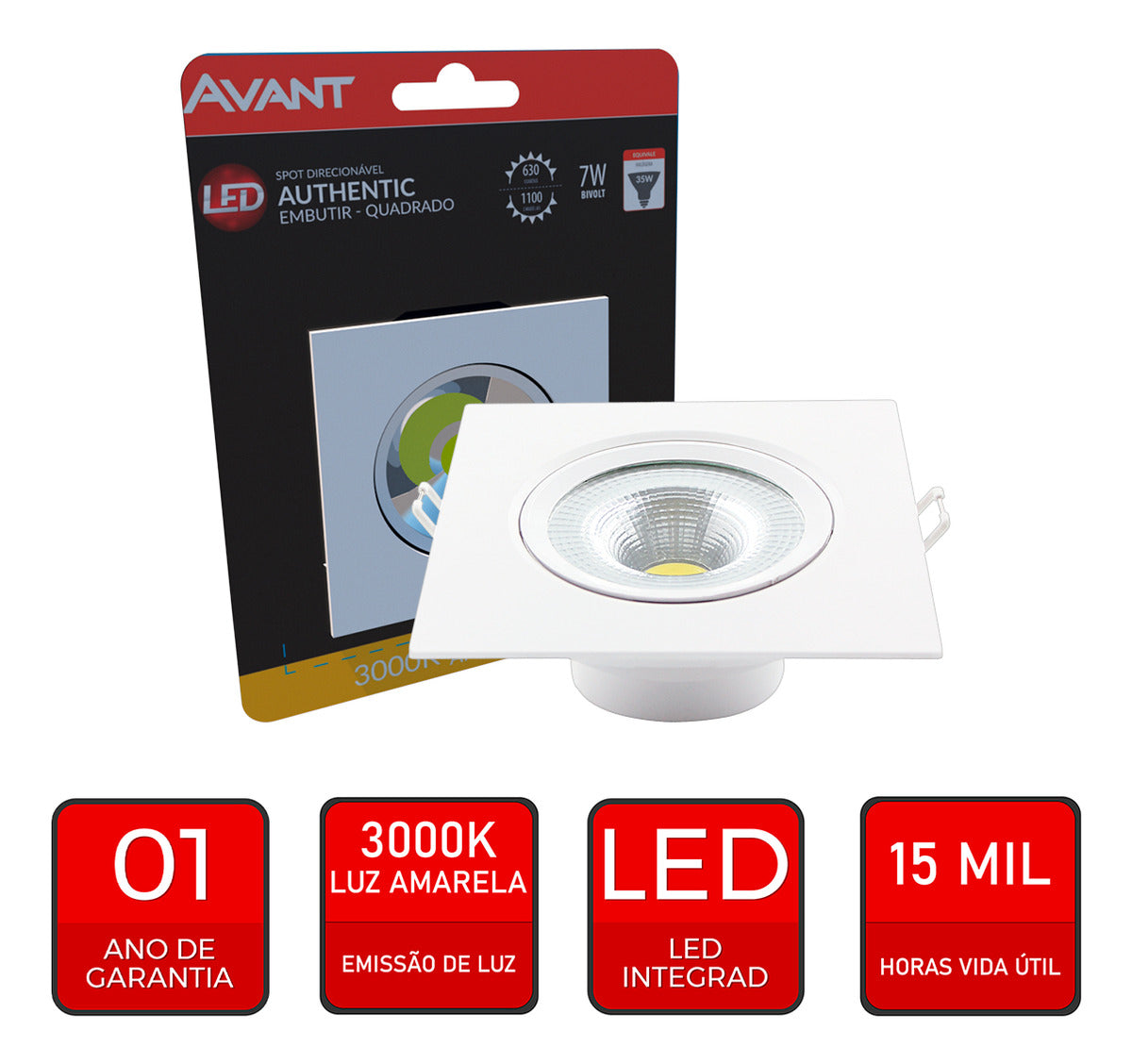 Spot Led Authentic Embutir 7w 3000k Branco Quente 11,8cm Bivolt Quadrado Branco Avant