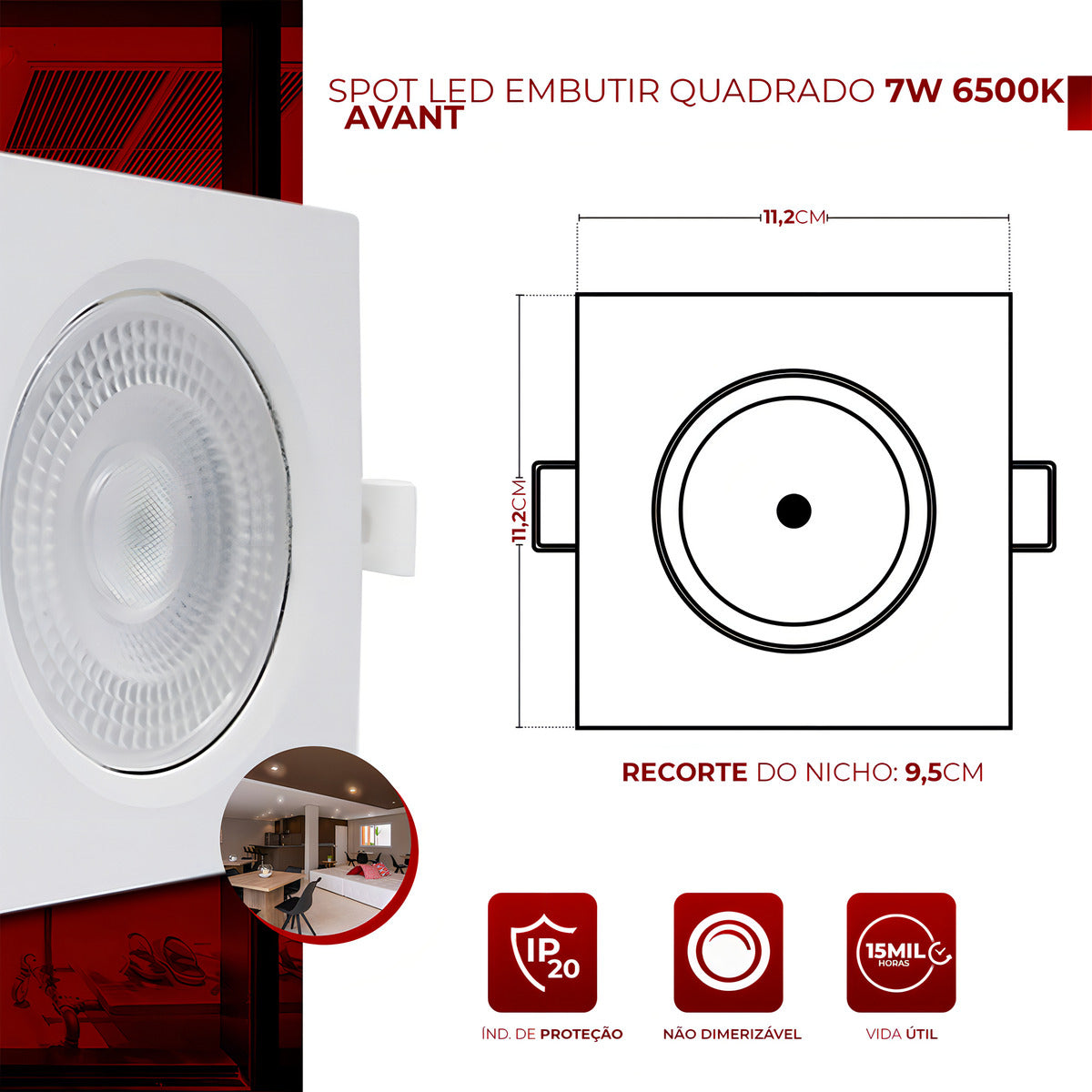 Spot Led Authentic Embutir 7w 6500k Branco Frio 11,8cm Bivolt Quadrado Branco Avant