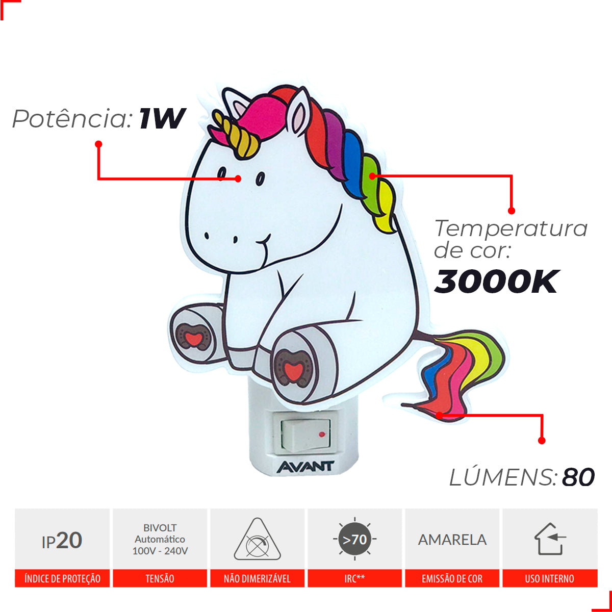 Luminaria Mini Abajur Unicornio 1w 3000k Branco Quente Bivolt Branco Avant