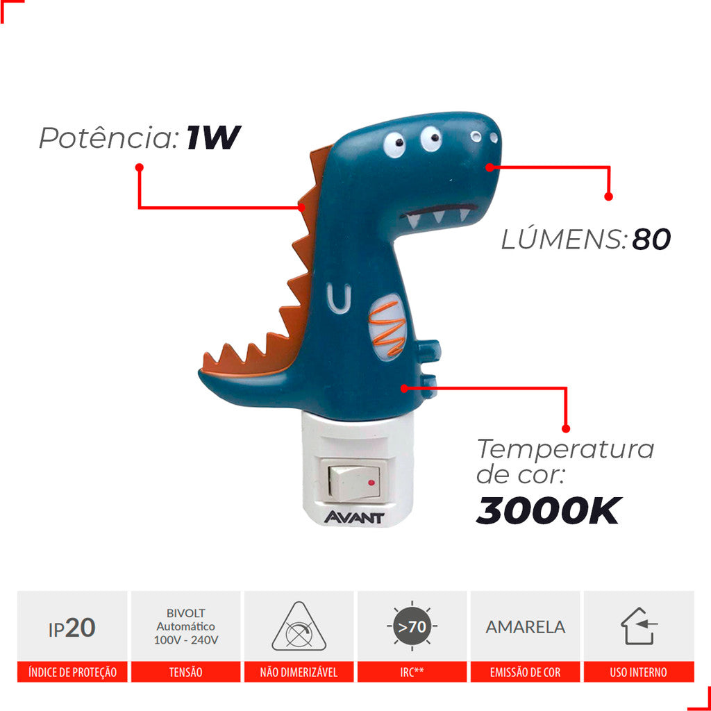 Mini Abajur Dino Luz Noturna 1W 3000K Branco Quente Bivolt Avant