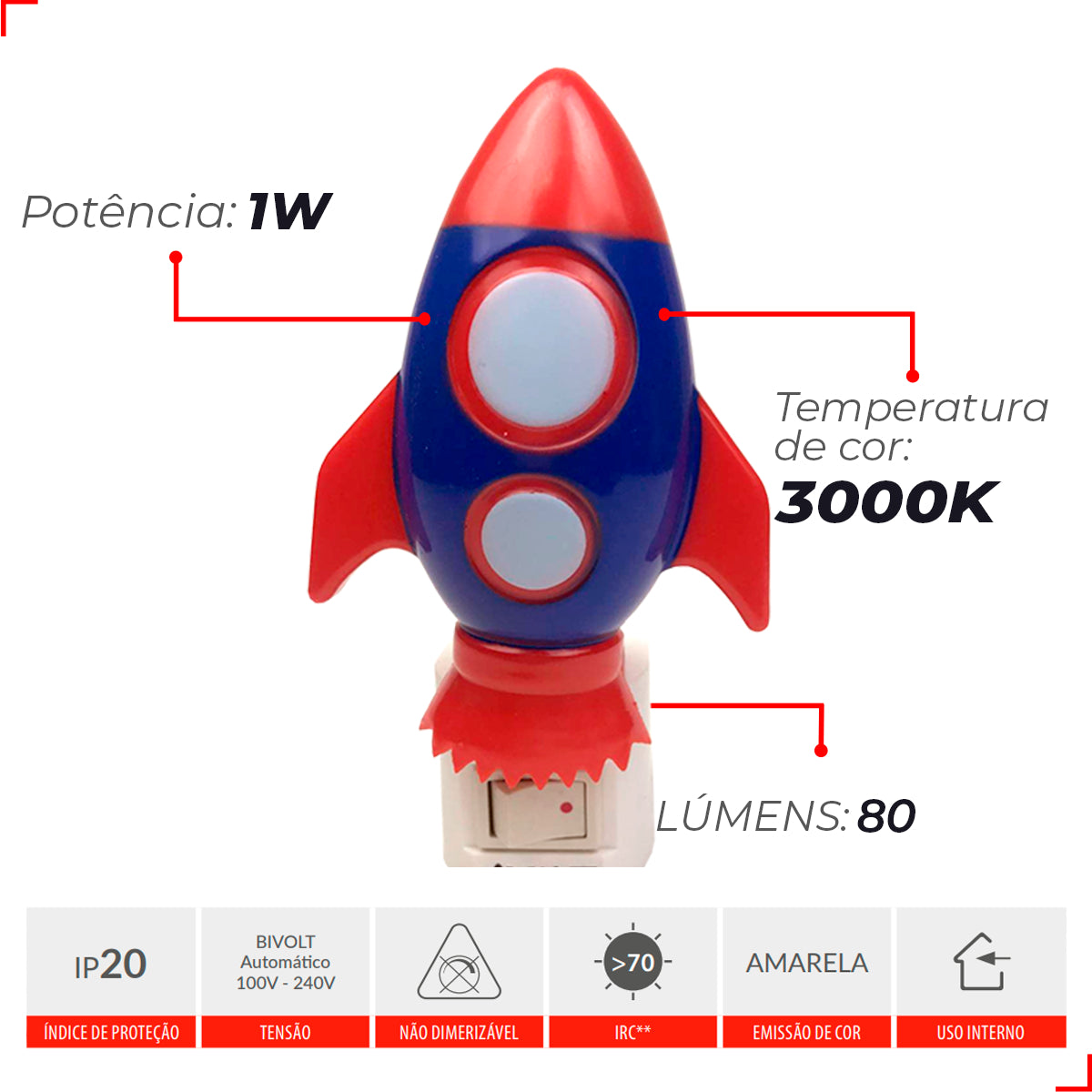 Mini Abajur Foguete Luz Noturna 1W 3000K Branco Quente Bivolt Avant
