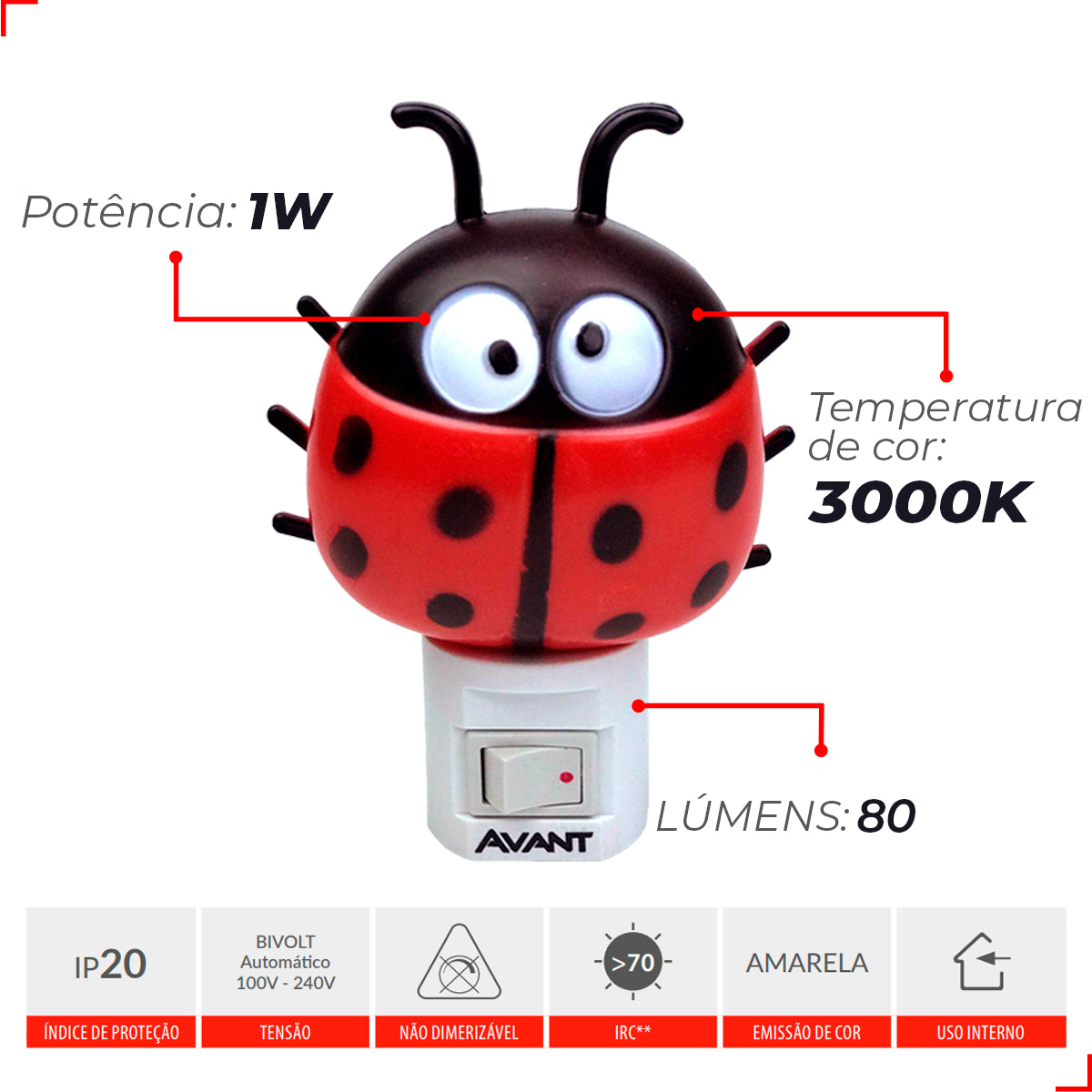 Luminaria Mini Abajur Joaninha 1w 3000k Branco Quente Bivolt Branco Avant