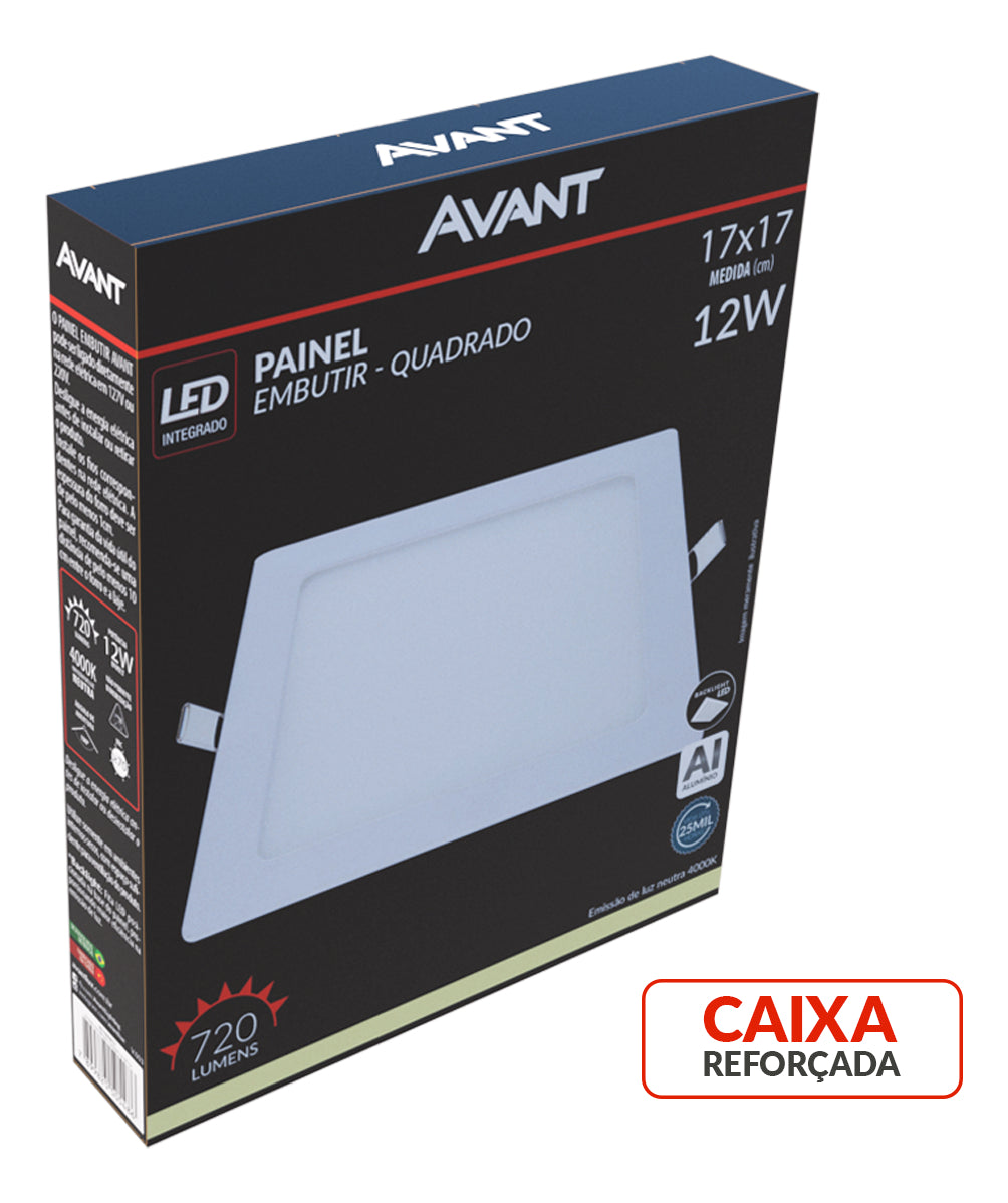 Painel Plafon Alumínio Embutir 12W 4000k Branco Neutro 17cm Bivolt Quadrado Avant