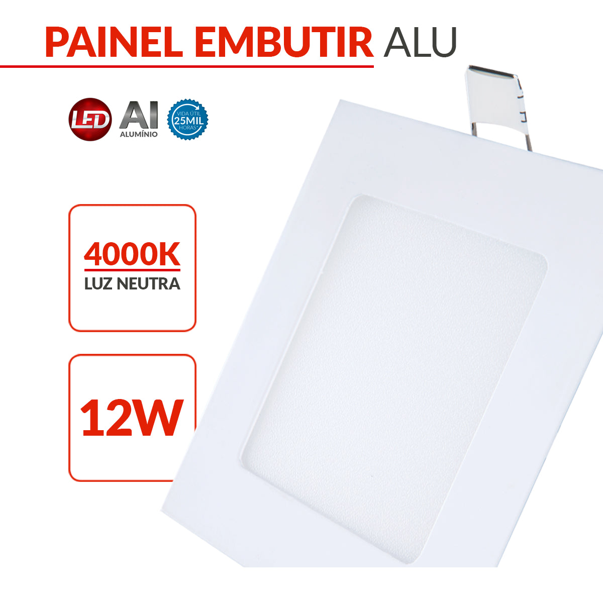 Painel Plafon Alumínio Embutir 12W 4000k Branco Neutro 17cm Bivolt Quadrado Avant