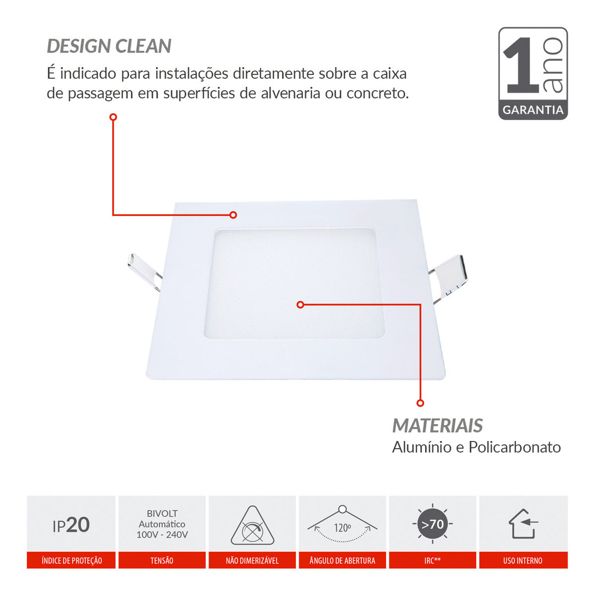 Painel Plafon Alumínio Embutir 12W 4000k Branco Neutro 17cm Bivolt Quadrado Avant