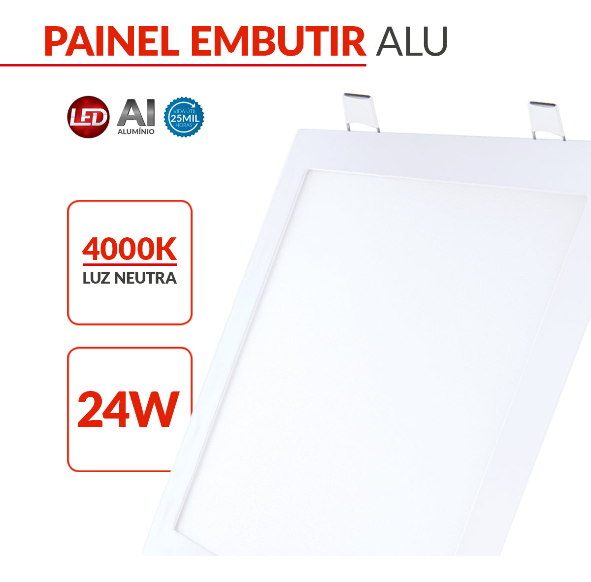 Painel Plafon Alumínio Embutir 24W 4000k Branco Neutro 30cm Bivolt Quadrado Avant