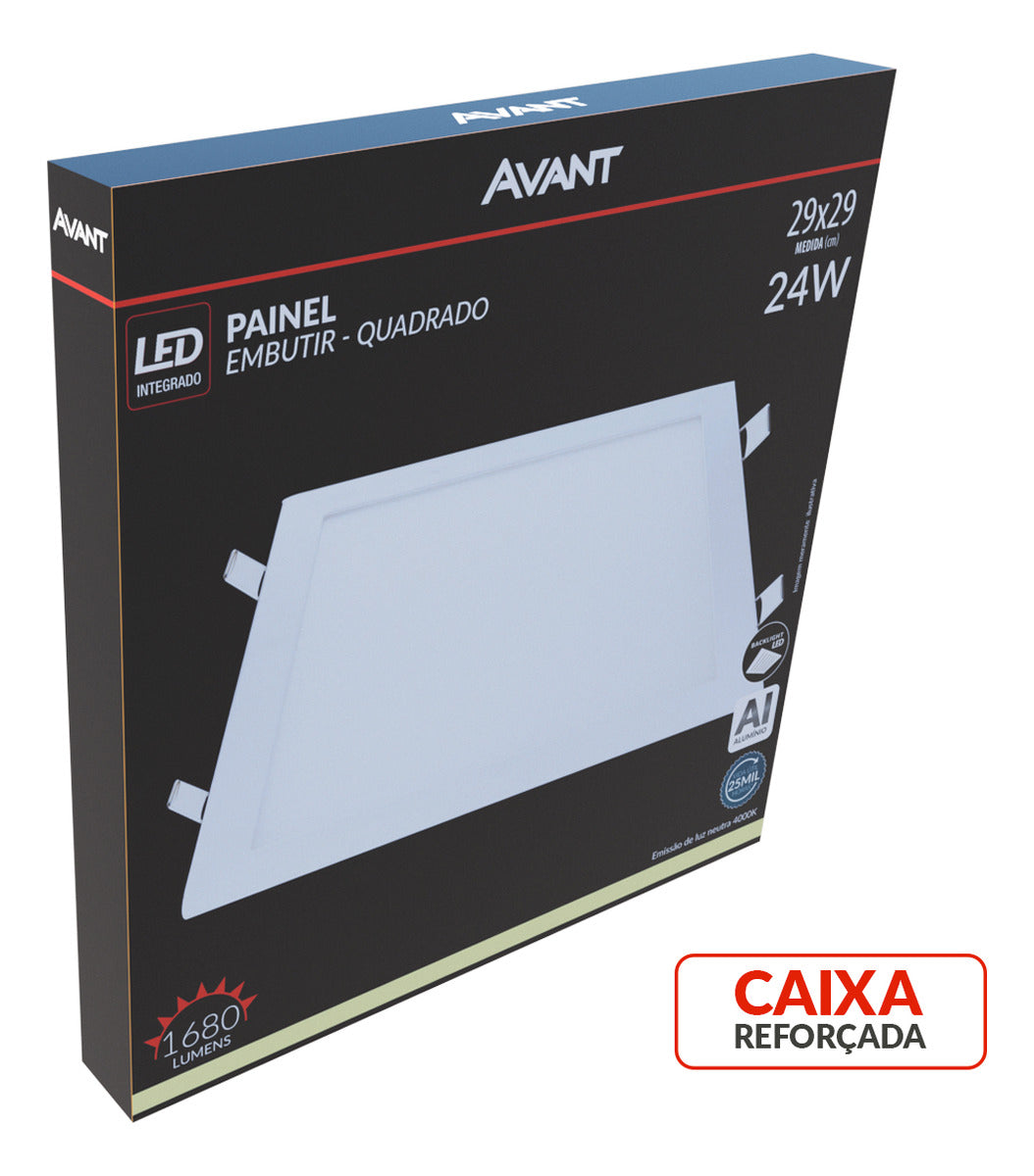 Painel Plafon Alumínio Embutir 24W 4000k Branco Neutro 30cm Bivolt Quadrado Avant