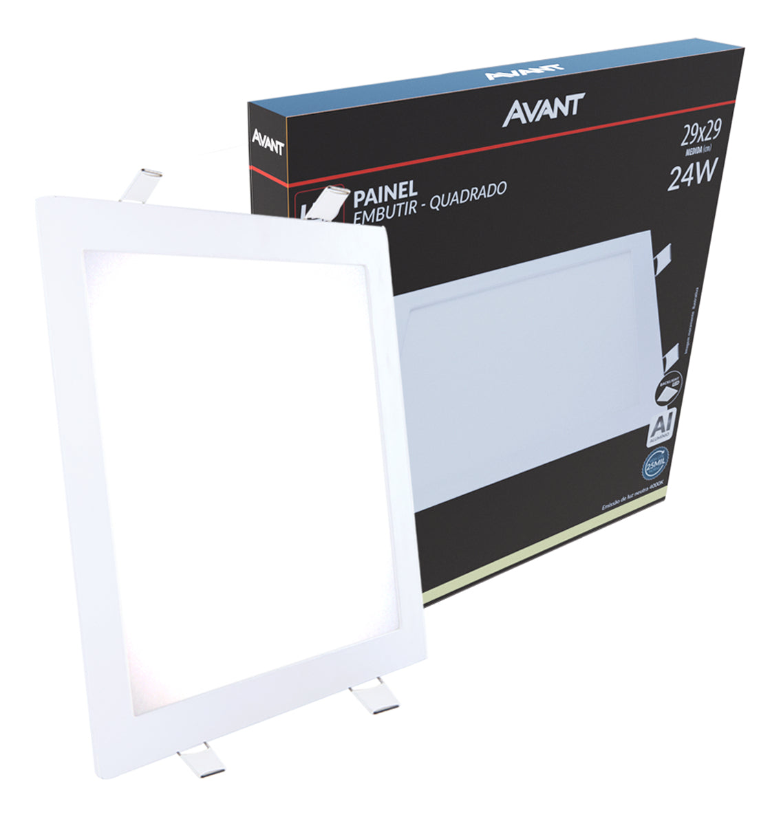 Painel Plafon Alumínio Embutir 24W 4000k Branco Neutro 30cm Bivolt Quadrado Avant