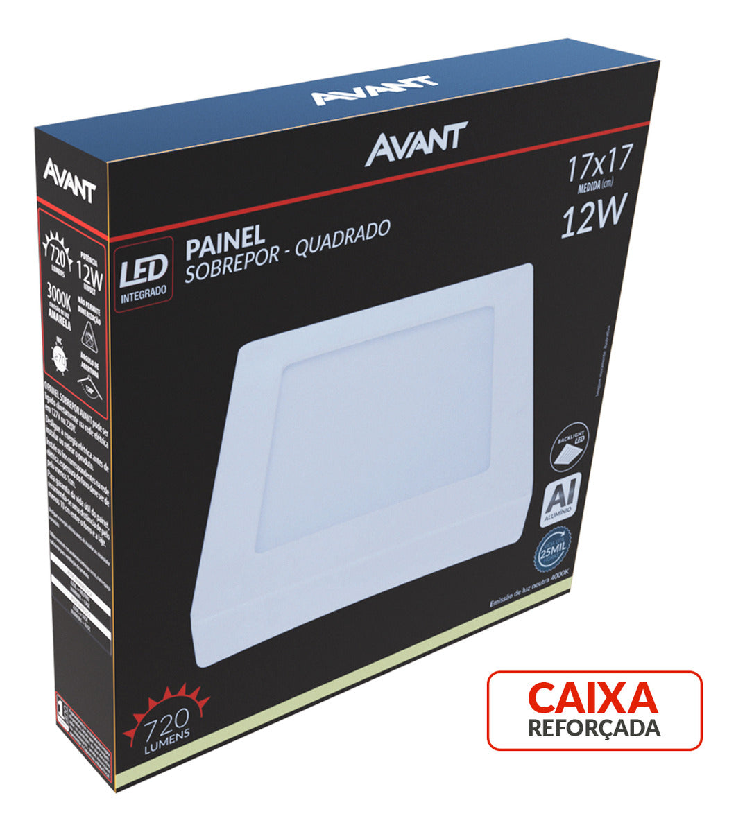 Painel Plafon Alumínio Sobrepor 12W 4000k Branco Neutro 17cm Bivolt Quadrado Avant