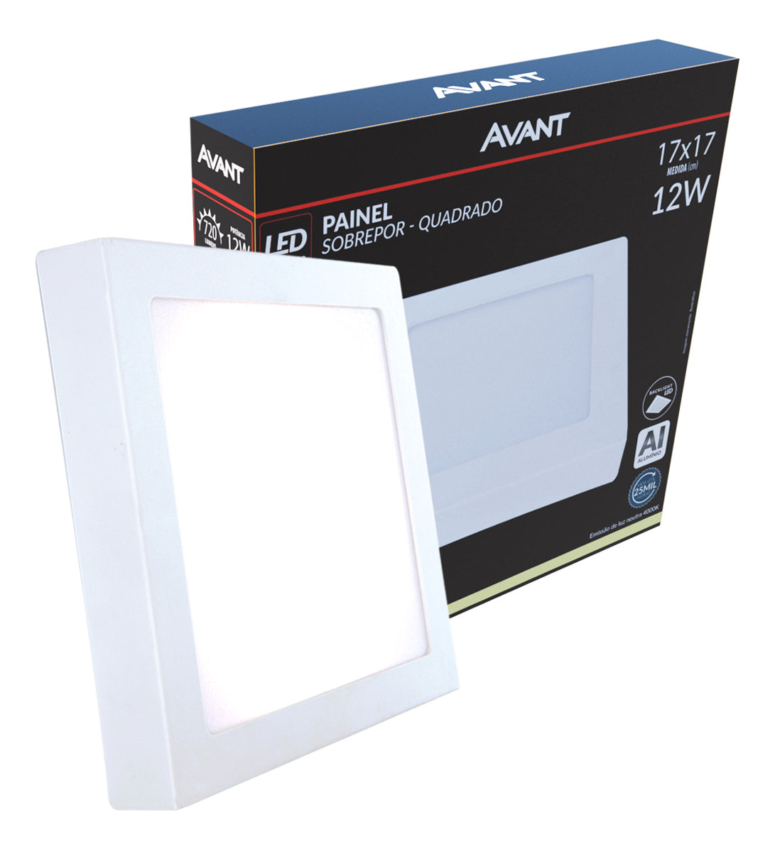 Painel Plafon Alumínio Sobrepor 12W 4000k Branco Neutro 17cm Bivolt Quadrado Avant