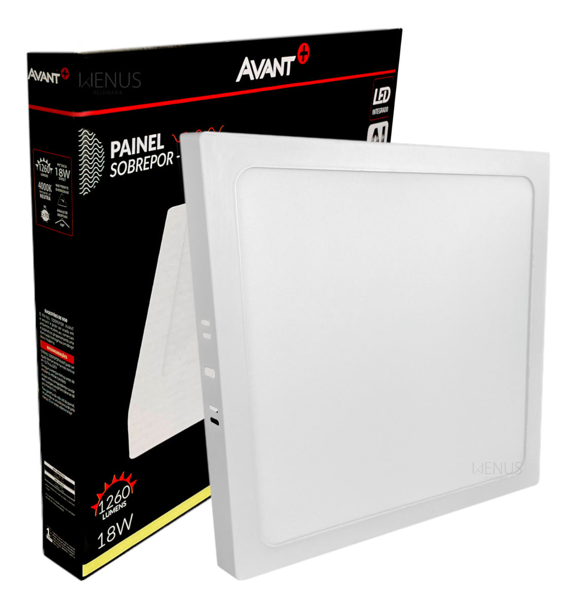 Painel Plafon Alumínio Sobrepor 18W 4000k Branco Neutro 22cm Bivolt Quadrado Avant