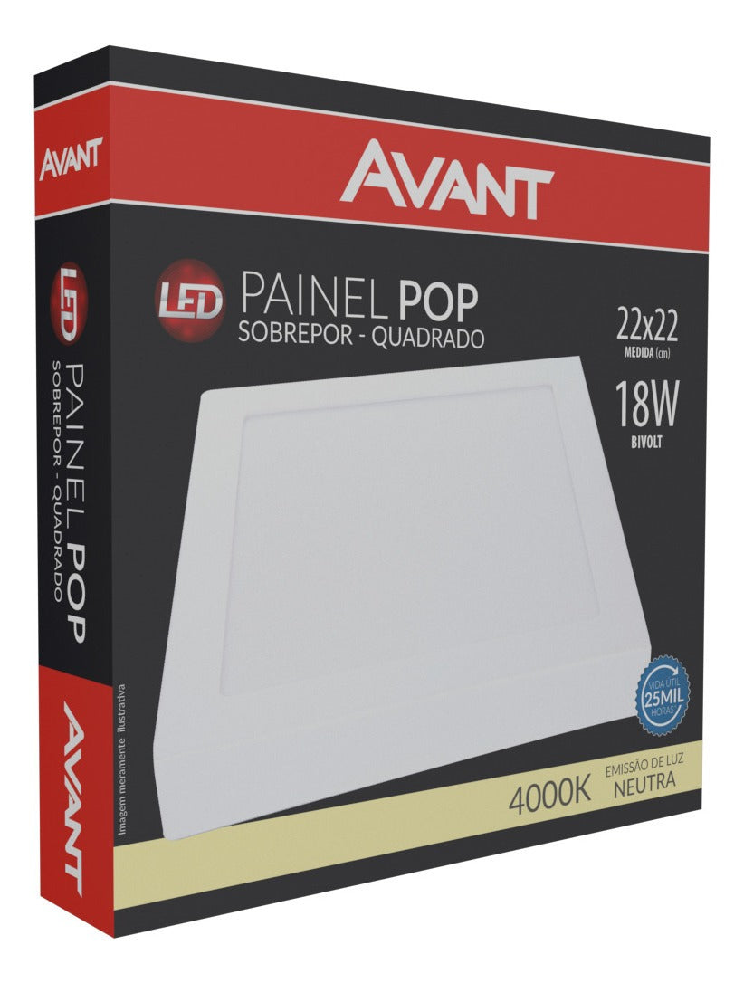 Painel Plafon Alumínio Sobrepor 18W 4000k Branco Neutro 22cm Bivolt Quadrado Avant