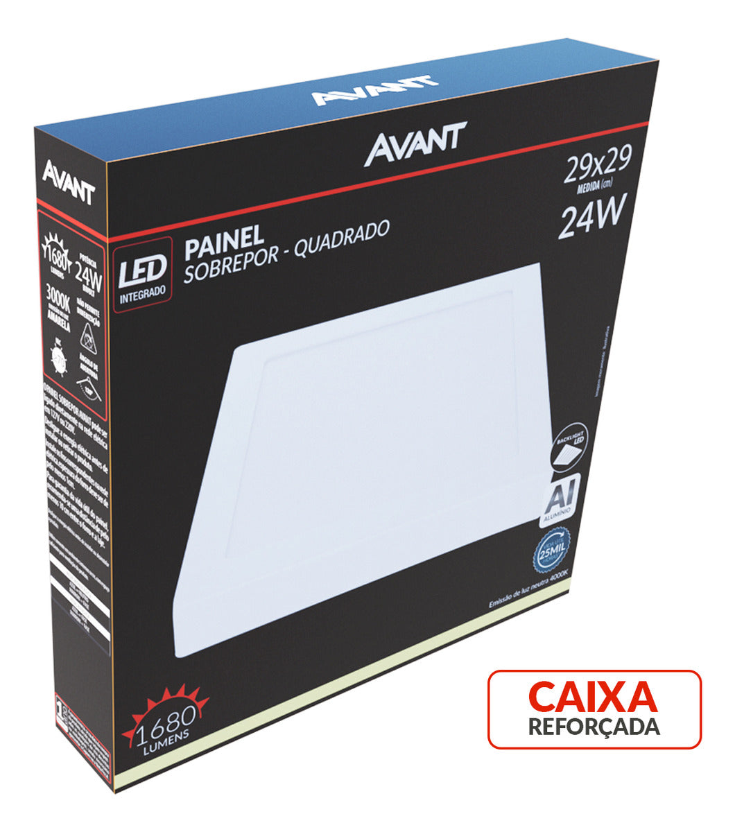 Painel Plafon Alumínio Sobrepor 24W 4000k Branco Neutro 30cm Bivolt Quadrado Avant