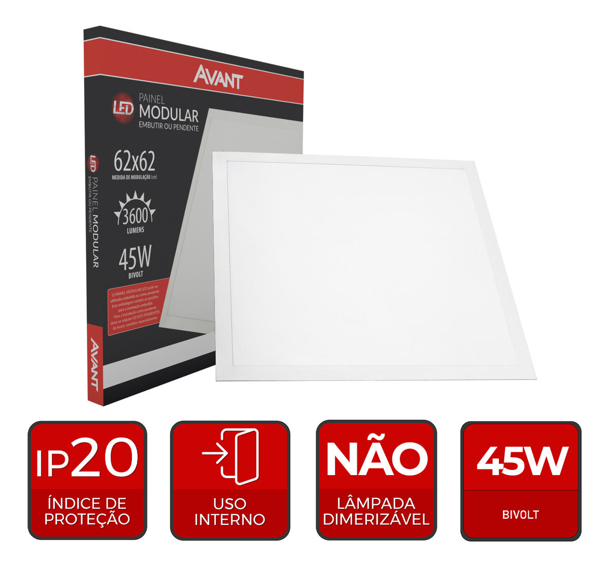 Painel Modular Embutir 45W 6500k Branco Frio 62cm Bivolt Quadrado Avant