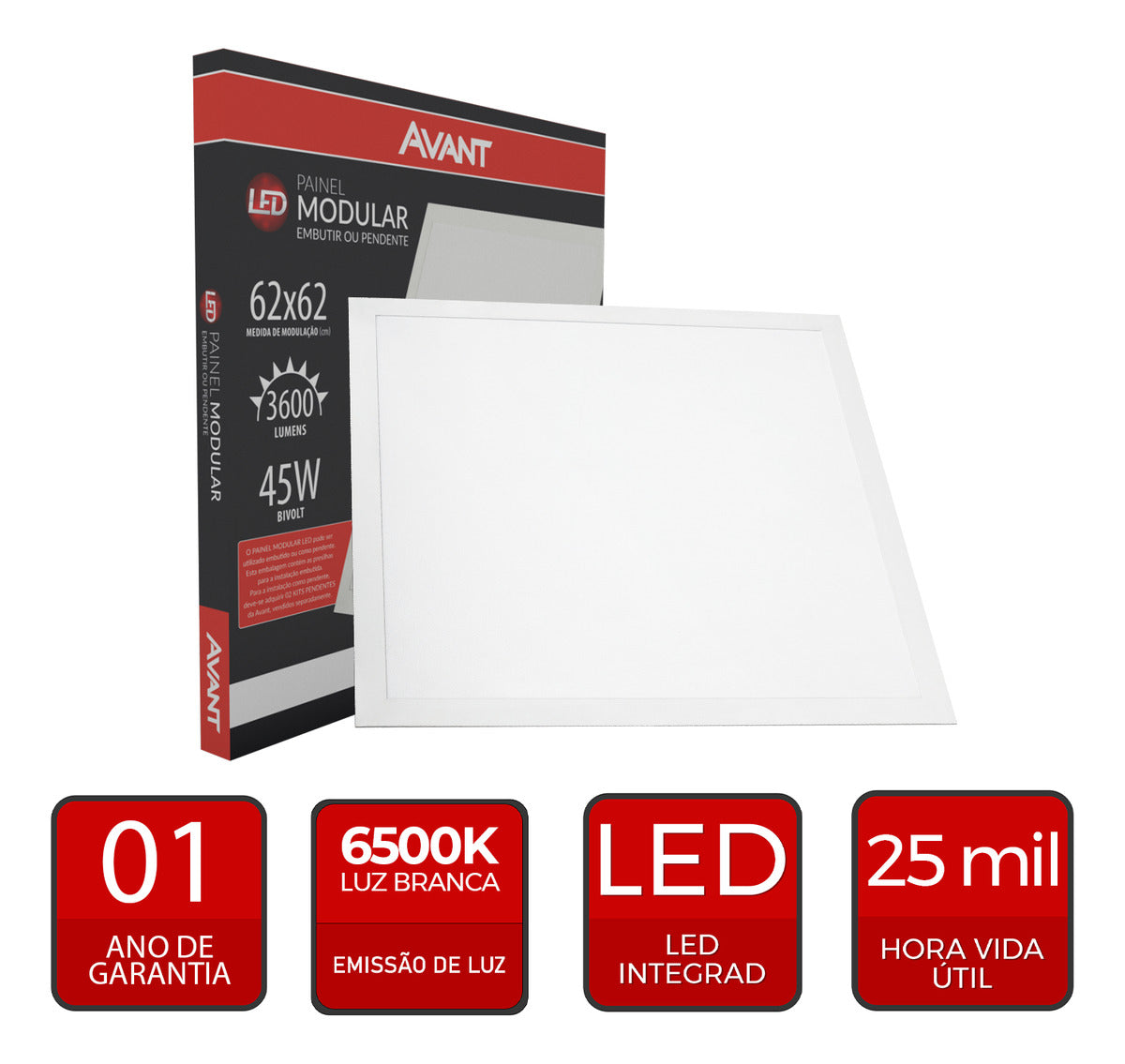 Painel Modular Embutir 45W 6500k Branco Frio 62cm Bivolt Quadrado Avant