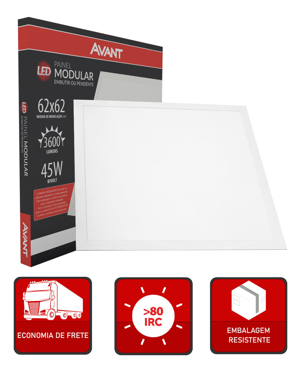 Painel Modular Embutir 45W 6500k Branco Frio 62cm Bivolt Quadrado Avant