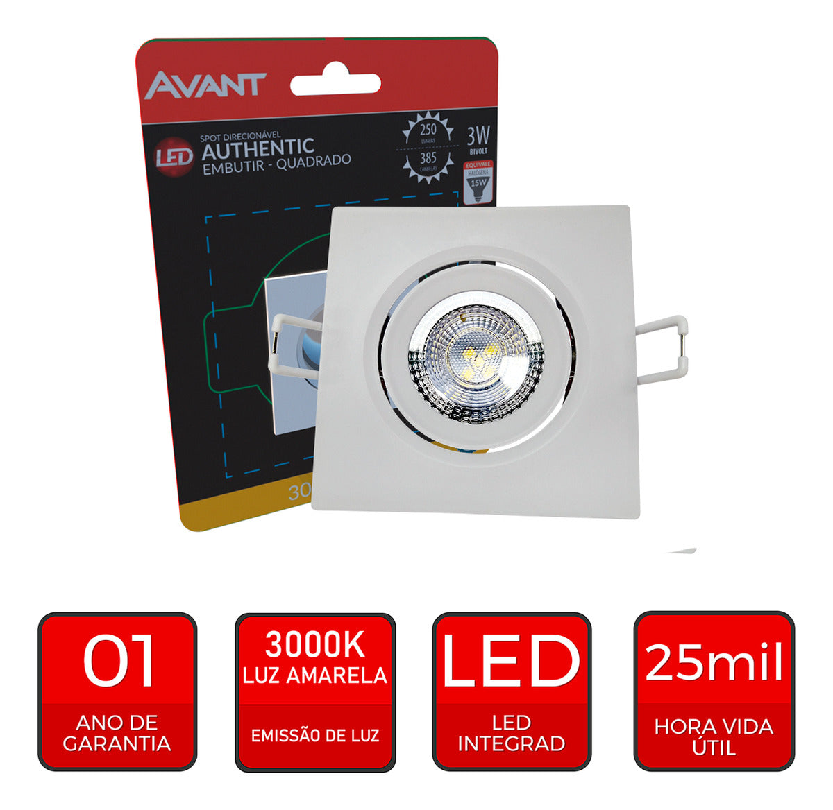 Spot Led Authentic Emb. Quadrado 3w 3000k 7cm BF Avant