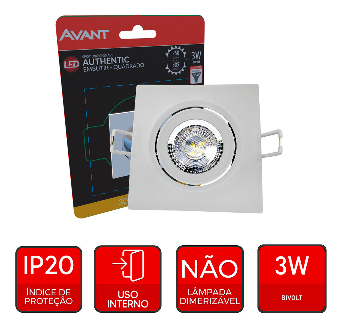 Spot Led Authentic Emb. Quadrado 3w 3000k 7cm BF Avant