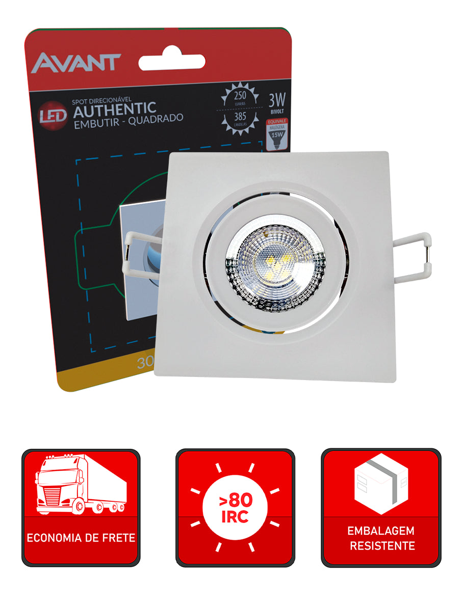 Spot Led Authentic Emb. Quadrado 3w 3000k 7cm BF Avant