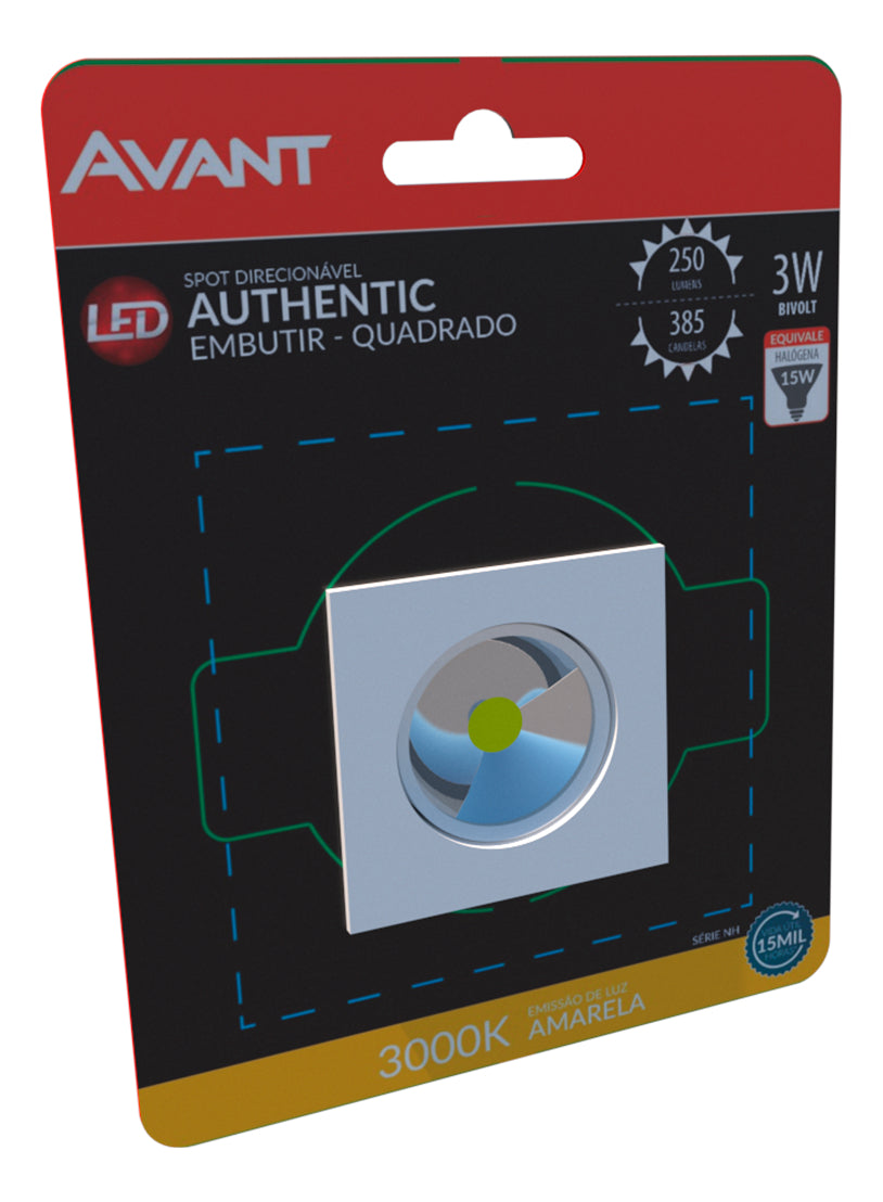 Spot Led Authentic Emb. Quadrado 3w 3000k 7cm BF Avant