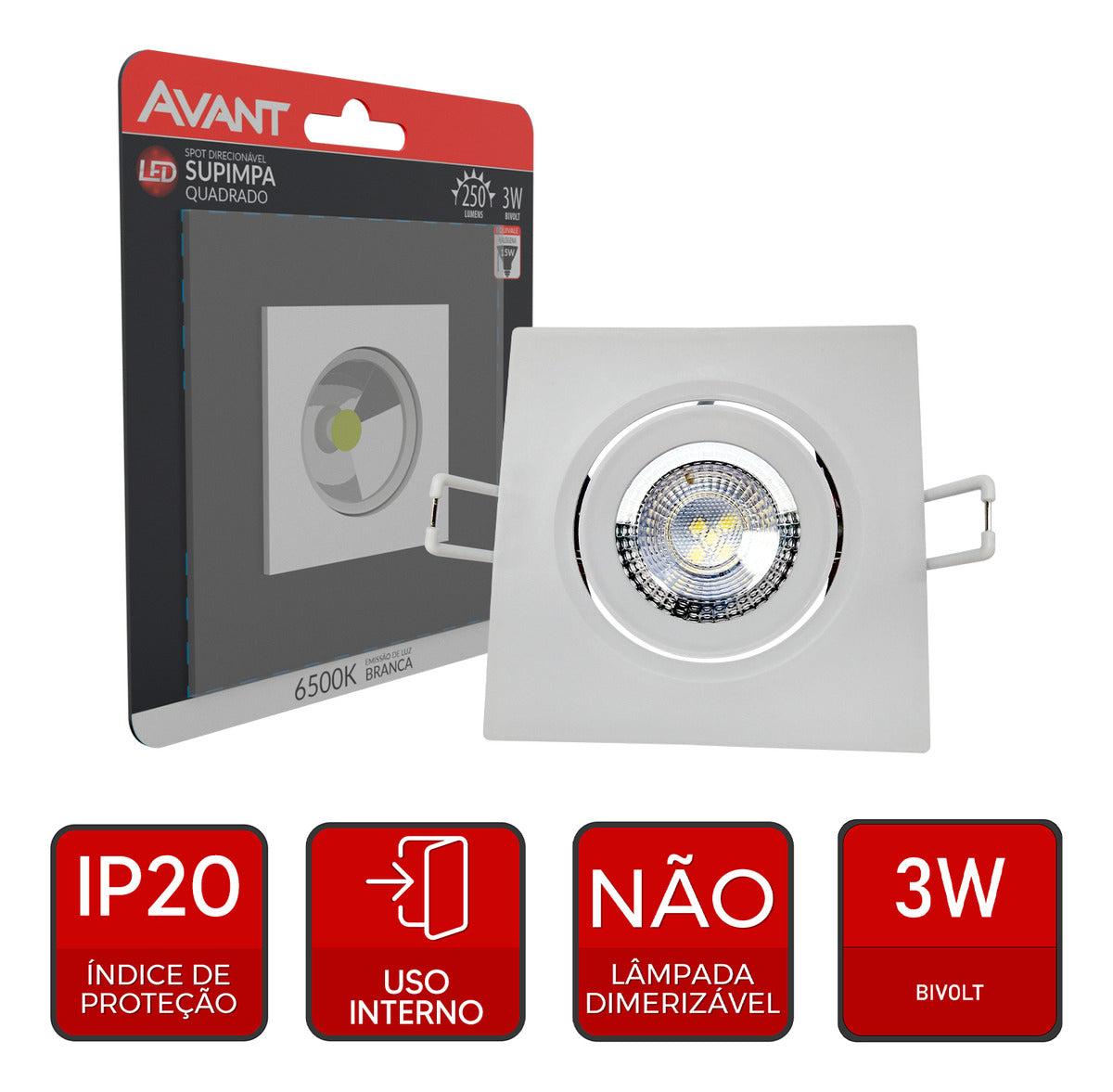 Spot Led Authentic Embutir 3w 6500k Branco Frio 7cm 110v/220v Bivolt Ip20 Quadrado Branco Cod: 865441376 Avant