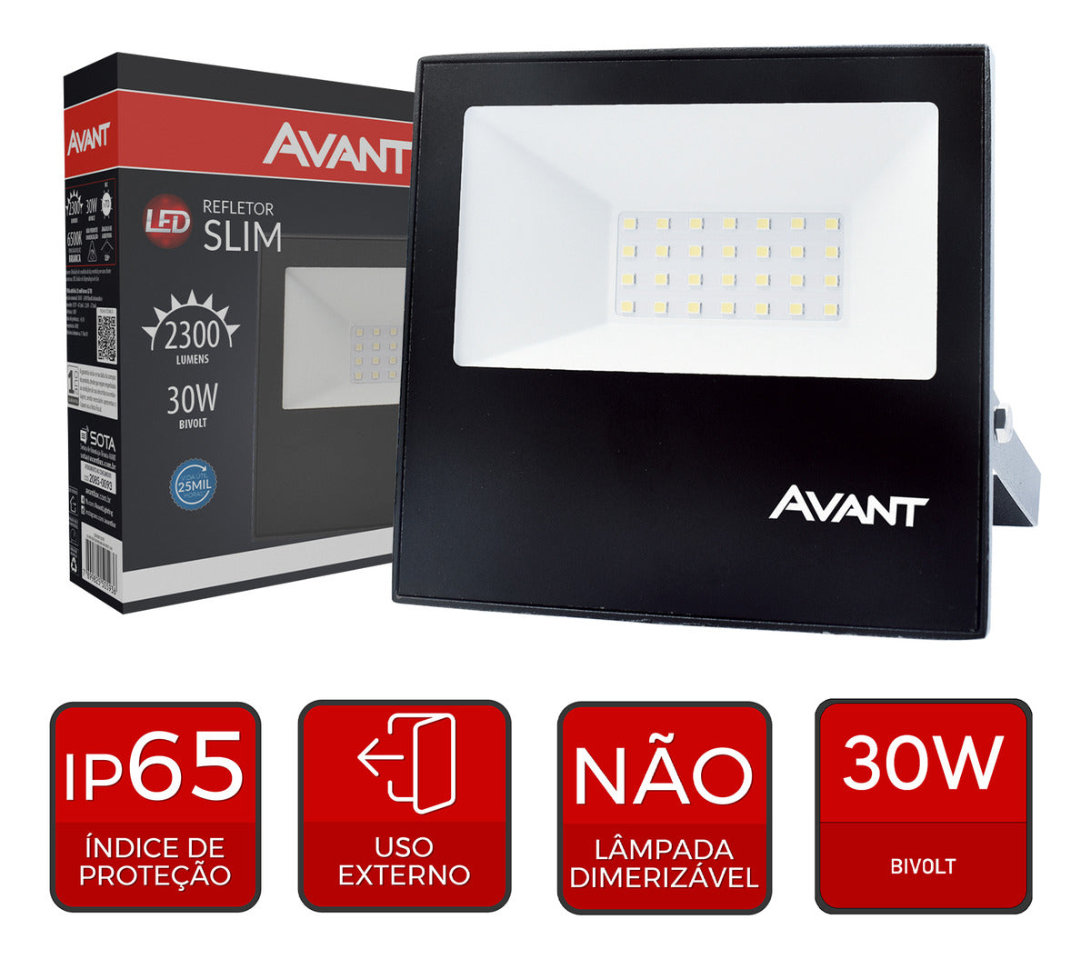 Refletor Led Slim 30w 6500k Branco Frio Bivolt IP66 Preto Avant