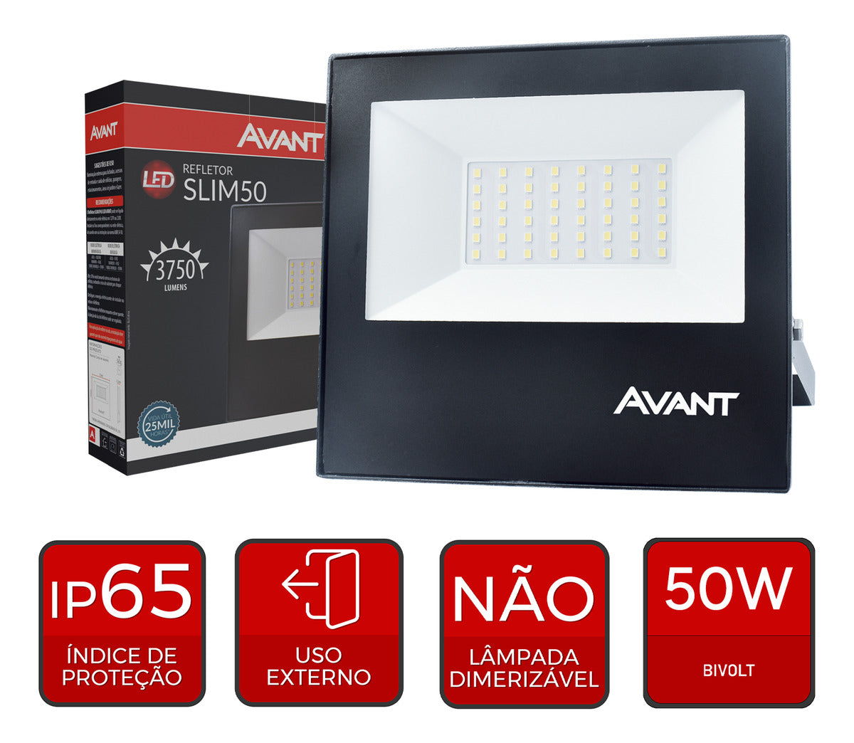 Refletor Slim 50W 6500k Branco Frio Bivolt IP66 Preto Avant