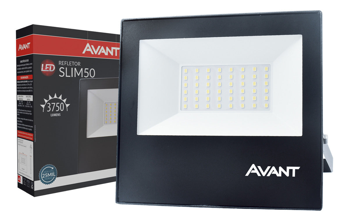 Refletor Slim 50W 6500k Branco Frio Bivolt IP66 Preto Avant