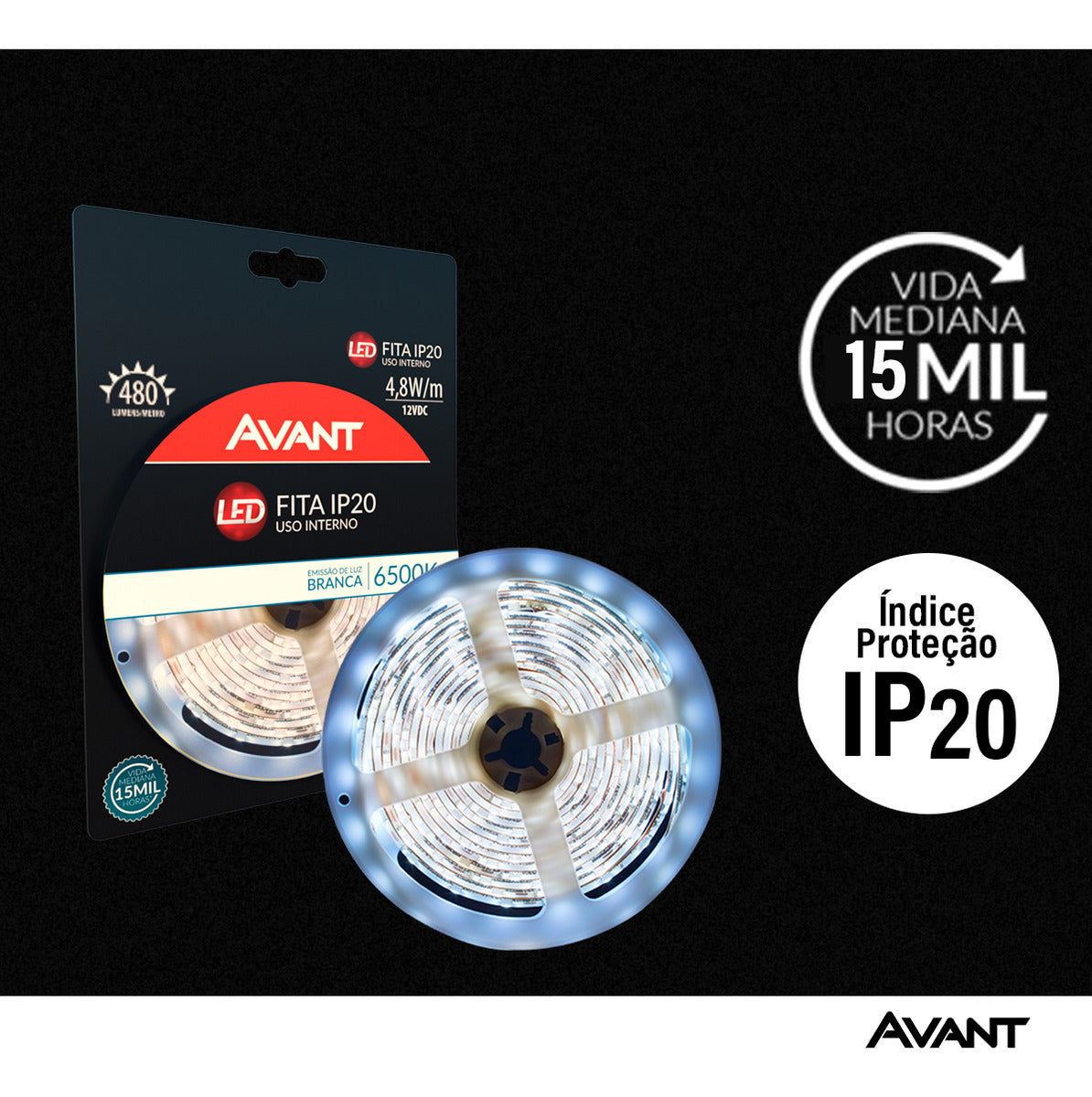 Fita Led Interna 4,8w 6500k Branco Frio 5 Metros 12v Ip20 60 Leds/m Cod: 192911333 Avant